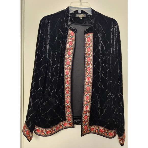 Suzanne Betro Black Open Velvet Burnout Embroidered Cardigan Jacket Size Large - Picture 1 of 12